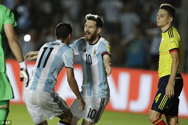 Lionel Messi (centre) celebrates during Argentina's 3-0 victory over Colombia last Tuesday 