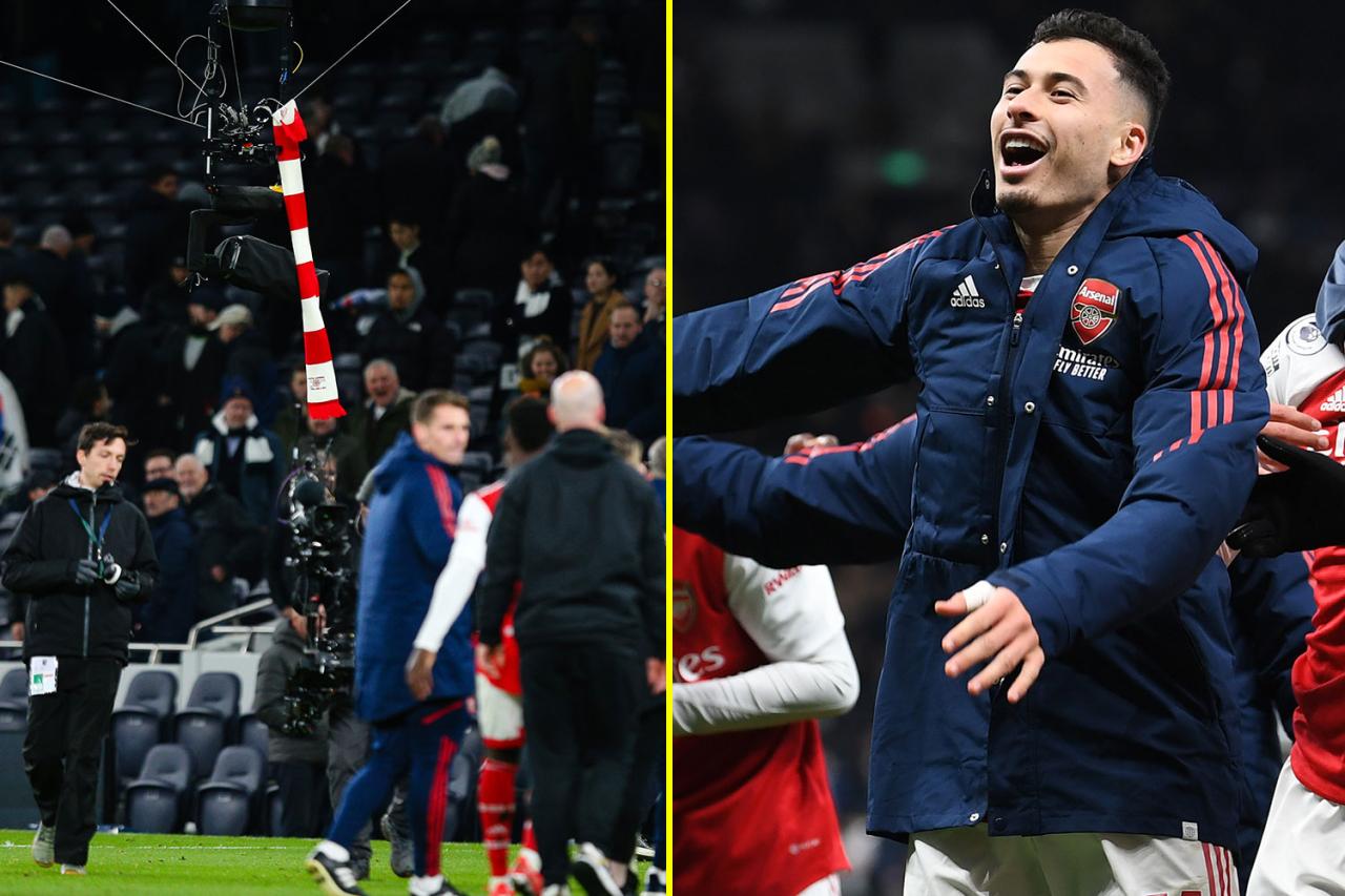 Gabriel Martinelli attaches Arsenal scarf to Spidercam at Tottenham Hotspur  Stadium after north London derby victory to leave Gunners fans delighted