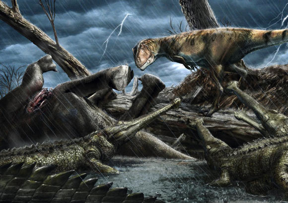 The giant predatory dinosaur Carcharodontosaurus eyes a group of Elosuchus -- crocodile-like hunters -- near a carcass. Iмage credit: Daʋide Bonadonna.